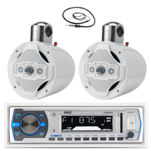 2 white wake board 8&#034; speakers, pyle usb bluetooth marine receiver and antenna