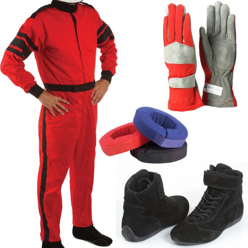 Sfi-1 auto racing kit w/ suit shoes gloves &amp; neck brace! sfi rated package deal