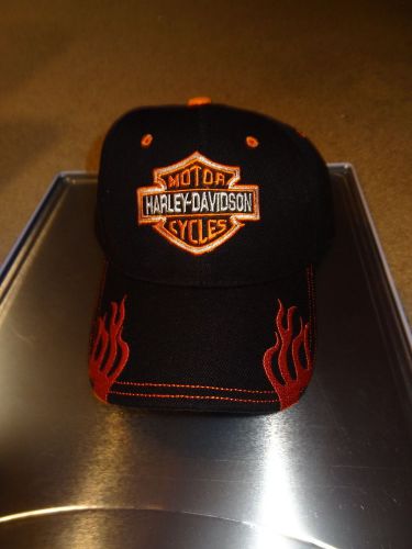 New harley davidson hat / ball cap. black &amp; orange. logo. flames. motor cycles.