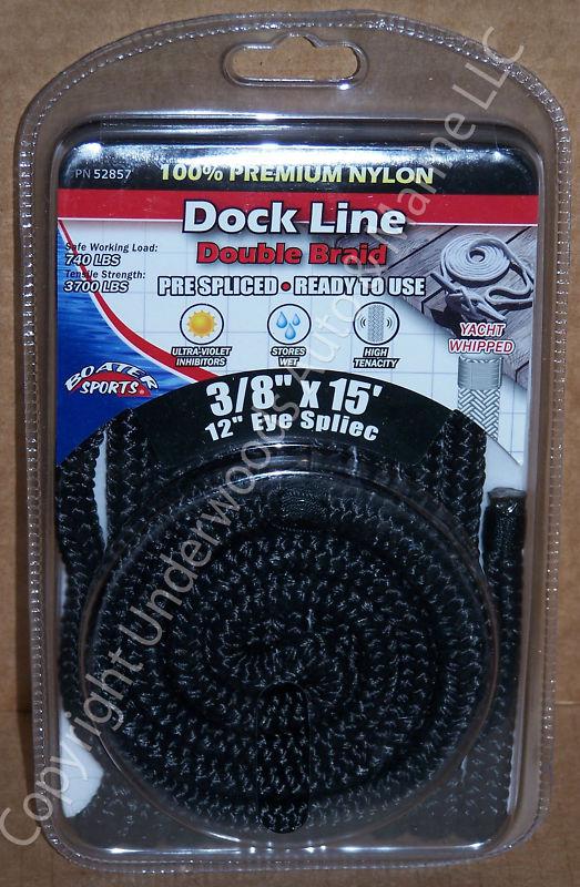 Double braid nylon dock line black 3/8"x15' boat 12"eye