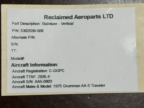 GRUMMAN AA-5 TRAVELER STABILIZER - VERTICAL P/N: 5302038-506, C $625.00, image 5
