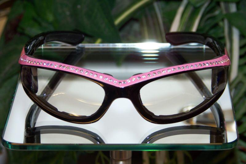 Motorcycle transition lens sunglasses with rhinestone black and pink frame  