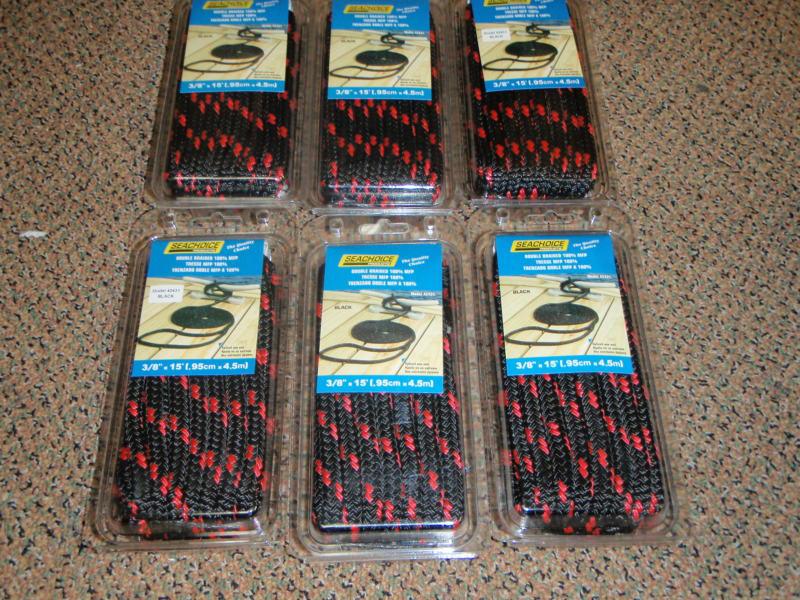 Double braid dock lines  3/8" x 15ft seachoice 42431 black w/red tracer 6 pac 