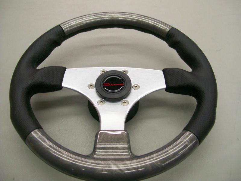 DINO STERRING WHEEL / BLACK RUBBER GRIP WITH SIVER BURLWOOD INSERTS, US $60.00, image 2