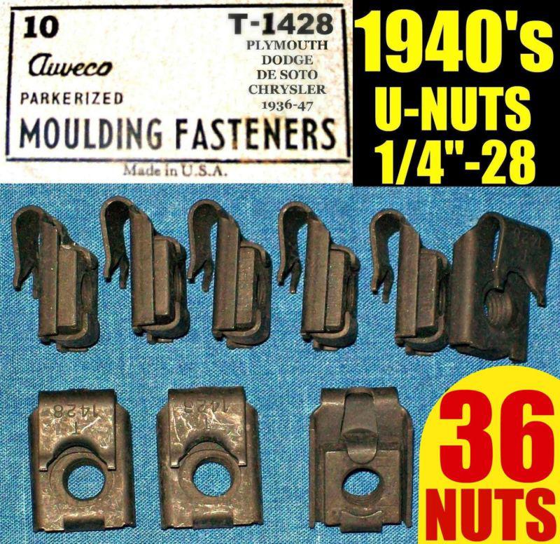 ❋36 nos auveco old u-nuts 1940s 40s fender, molding trim nut 1/4"-28 fine thread