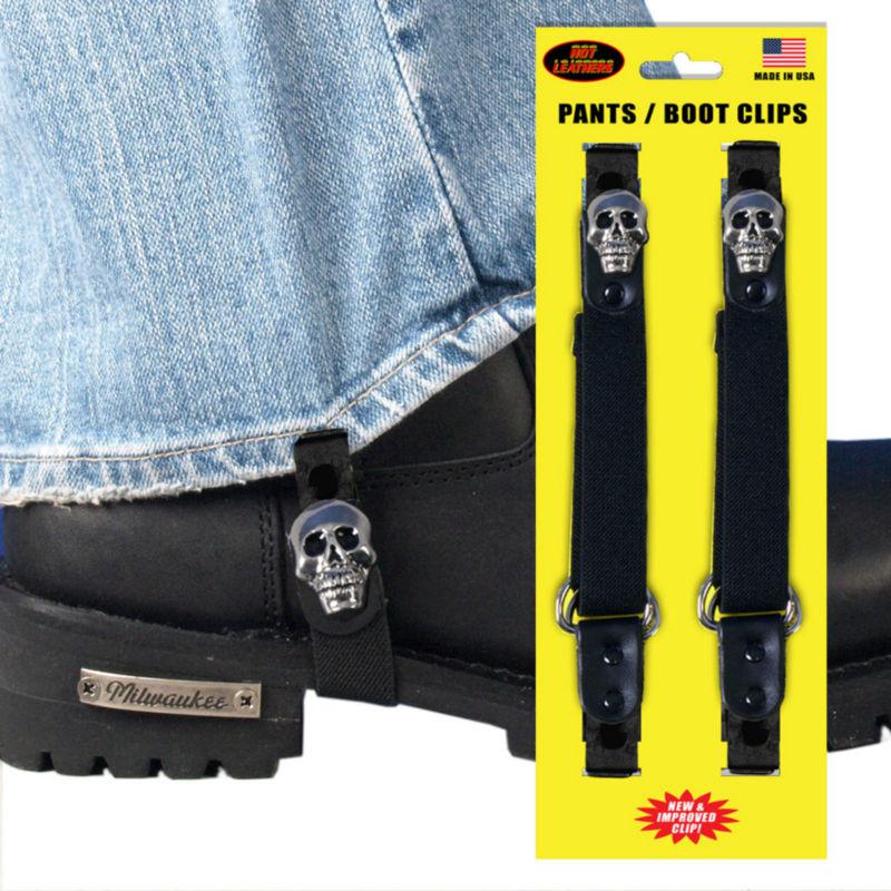 Hot leathers skull motorcycle riding pants clips stirrups