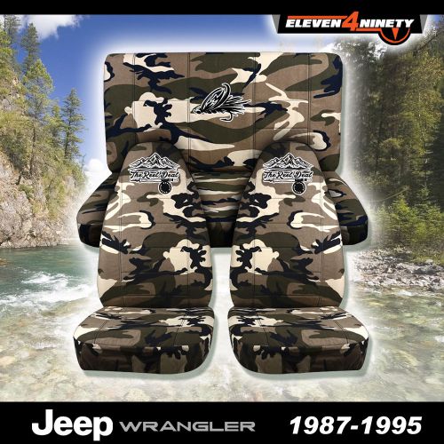 1987-1995 jeep wrangler yj tan camo seat covers w/ custom fly fishing design