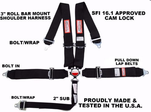 Racerdirect.net 5 point 3&#034; sfi 16.1 cam lock racing harness roll bar mount black