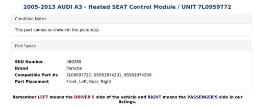 2005-2013 AUDI A3 - Heated SEAT Control Module / UNIT 7L0959772, US $12.99, image 2