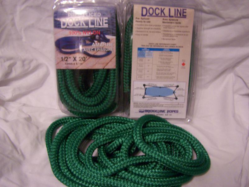 Double braid 100% nylon dock line green 1/2" x 20' boat bridgeline w/loop