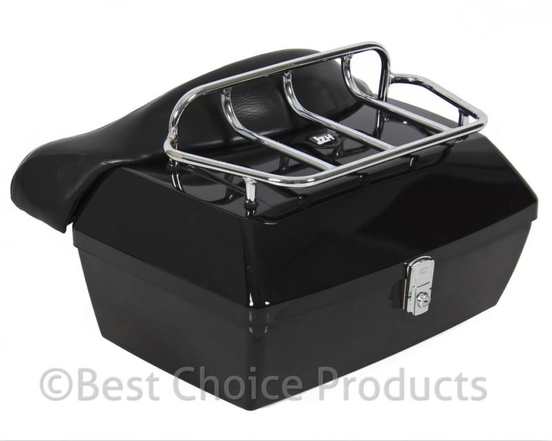 Motorcycle trunk tail box w/top rack & backrest for harley yamaha honda cruisers