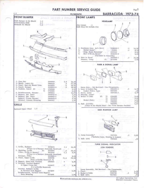 1973-74 plymouth barracuda parts manual 318 340 360 73 1974 cuda