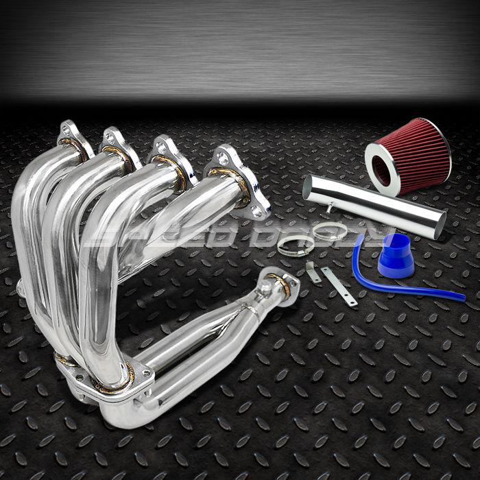 Racing header exhaust+short ram air intake+red 2-layer filter 92-95 civic eh ej