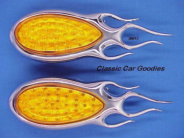 1938-1939 ford tail lights (2) amber led. chrome flames 12v