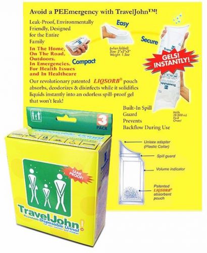 Traveljohn 3 pack resealable disposable urinal for men, women, and children