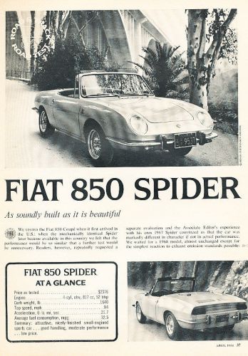 1968 fiat 850 spider road test classic original print article - pe20