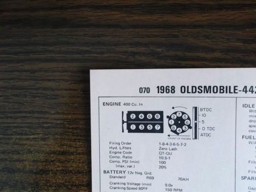 1968 oldsmobile 442 eight series models 360hp 400 ci v8 tune up chart