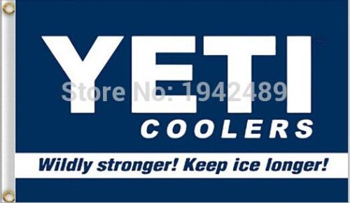 Yeti blue and white 3 x 5 flag "wildly stronger keeps ice longer"