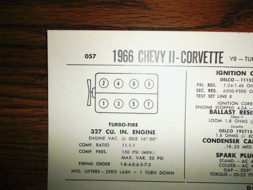 1966 chevrolet chevy ii &amp; corvette eight series 350hp 327 ci v8 tune up chart