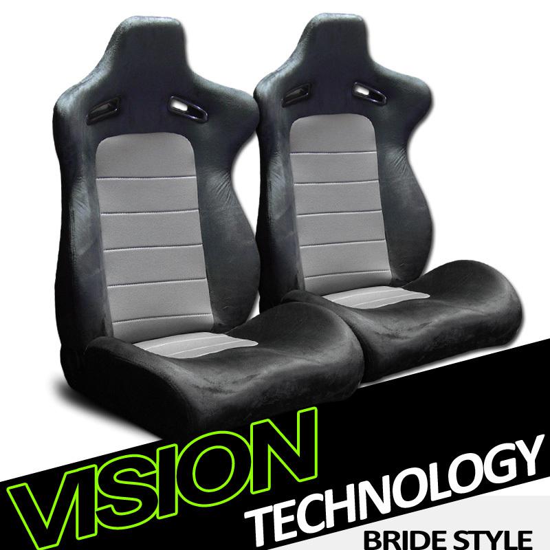 2pc br style fabric & simulated suede blk & grey racing bucket seats+sliders 33