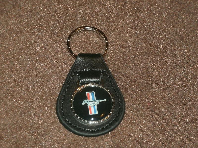 1960's ford mustang tri-bar running horse logo leather keychain new black