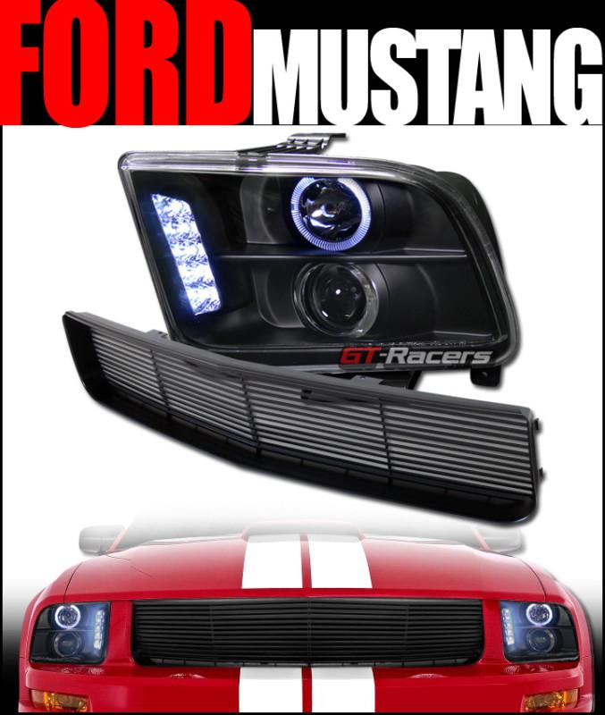 Blk halo drl led projector head lights+front grill grille h 2005-2009 mustang v6