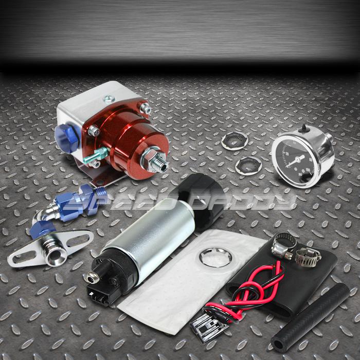 Adjustable 75psi fuel pressure psi regulator+gauge+290 lph electronic pump red