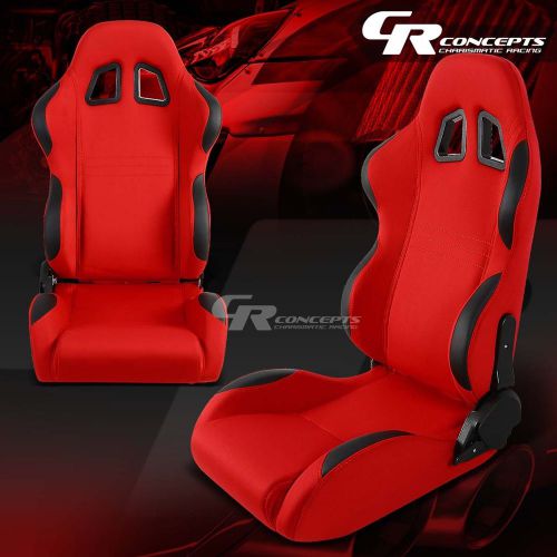 Red cloth/black reclinable sports racing seats+mounting slider rails left+right
