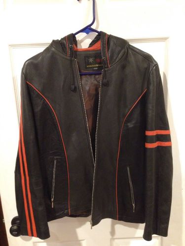 Beautified black leather motorcycle jacket women&#039;s orange stripe small