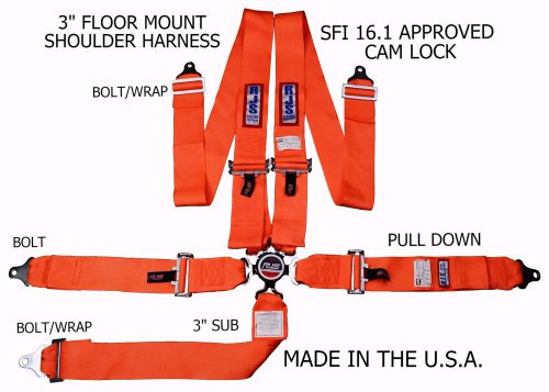 Rjs racing sfi 16.1 cam lock 5point seat belt harness floor mount orange 1034905