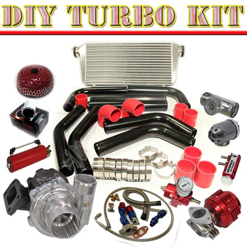 Diy t3/t4 turbo+31" intercooler+2.5" piping kit+oil line+jdm bov carbon blk/red