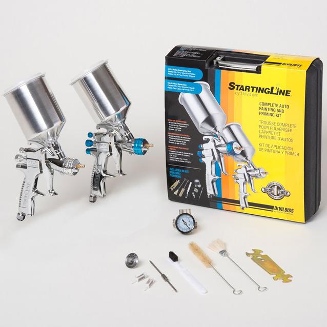 Devilbiss startingline auto painting & priming kit 2 hvlp spray guns 1.3 1.5 1.8