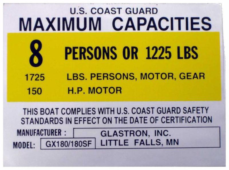 Glastron boats max capacity rating decal sticker plate gx 180 / gx 180 sf