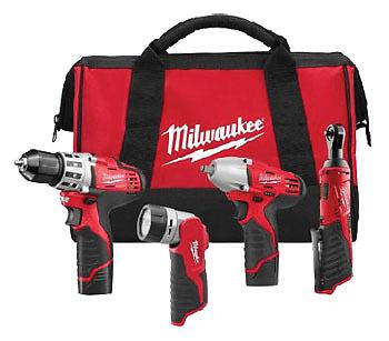 Milwaukee 2493-24 4pc m12 li-ion combo kit ratchet, drill, impact wrench, light