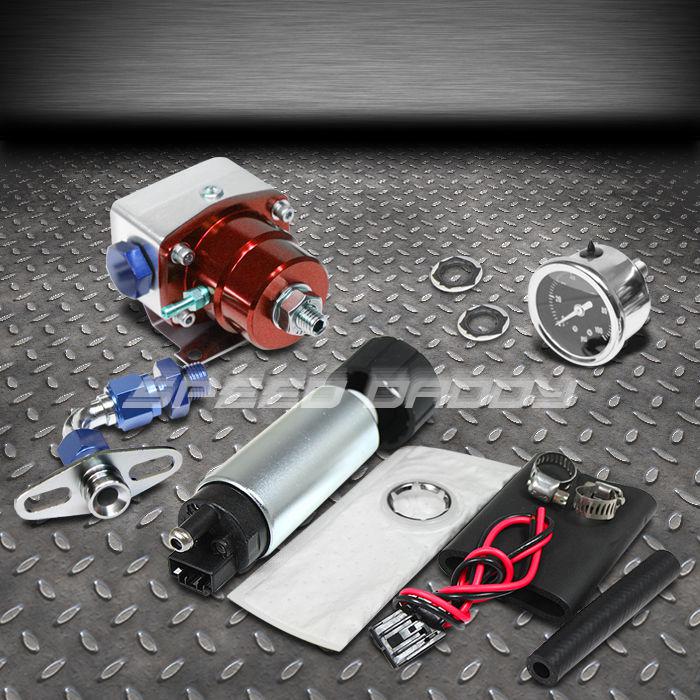Adjustable 75psi fuel pressure psi regulator+gauge+255 lph electronic pump red