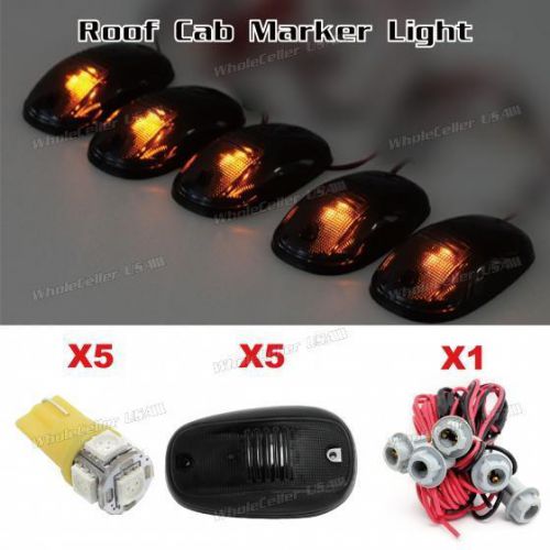 Set/5 smoke roof cab marker light +5050-smd amber led bulb+t10 harness for dodge