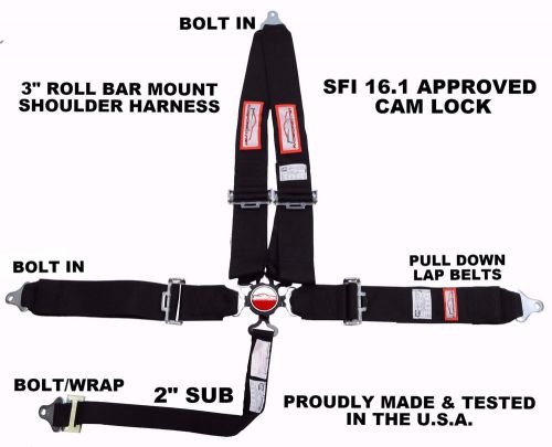 Racerdirect.net 5 pt 3&#034; sfi 16.1 cam lock racing harness v roll bar mount black