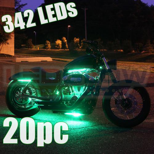 Green led motorcycle lighting accent neon kit w 20 flexible strips & 342 leds