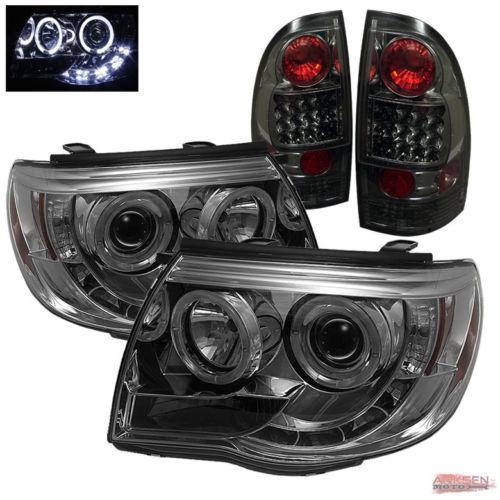 Smoked 05-11 tacoma halo drl projector headlights+led tail lights lamp pair set