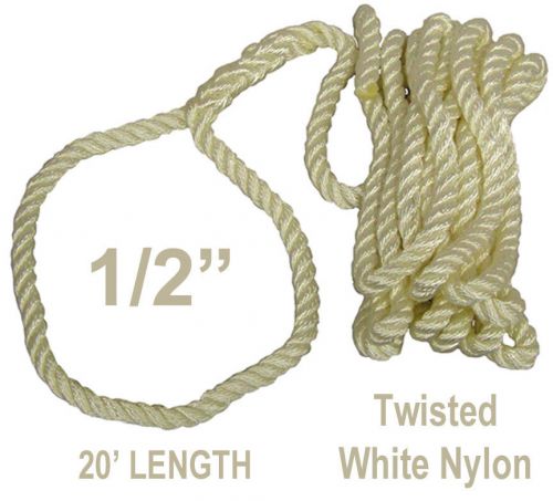 New 20&#039; twist 1/2&#034; nylon dock line,twisted marine boat tow rope w/ splice,white