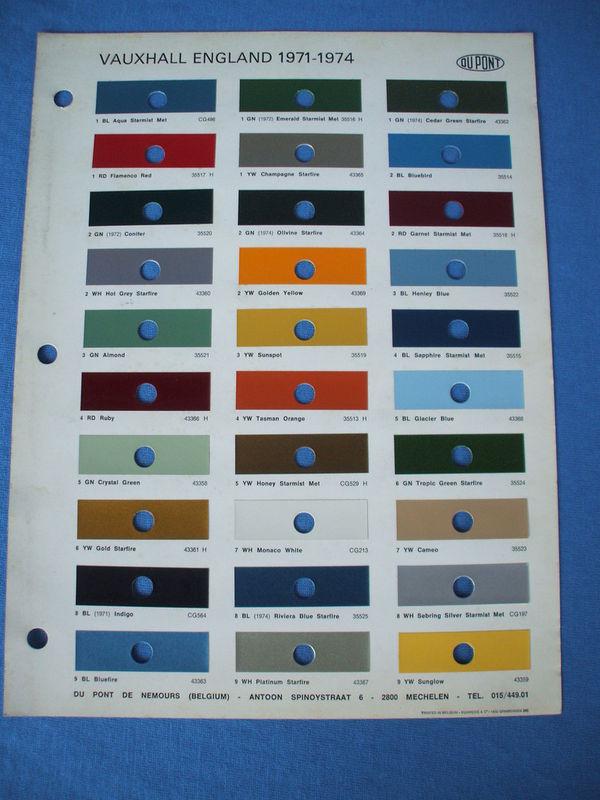 1971-1974 vauxall general motors  europe england  paint chip color chart