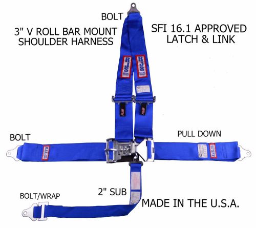Rjs sfi 16.1 latch &amp; link bolt in harness belt v roll bar mount blue 1125403