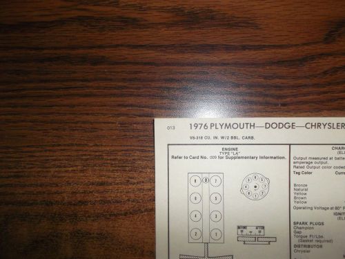 1976 dodge, plymouth &amp; chrysler eight series models 318 ci v8 2bbl tune up chart