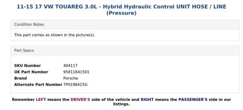 11-15 17 VW TOUAREG 3.0L - Hybrid Hydraulic Control UNIT HOSE / LINE (Pressure), US $99.99, image 2