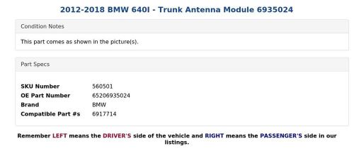 2012-2018 BMW 640I - Trunk Antenna Module 6935024, US $12.99, image 2