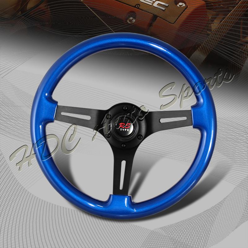 Universal 345mm 6 hole bolt lug blue wood grain style deep dish steering wheel