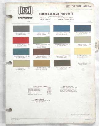 1972 chrysler and imperial r-m color paint chip chart all models 