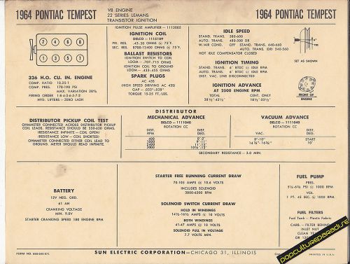 1964 pontiac tempest lemans v8 326 ci h.o. engine car sun electronic spec sheet