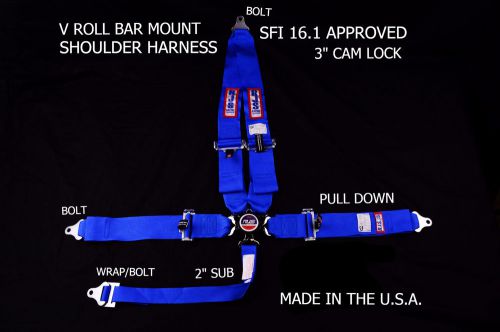 Rjs sfi 16.1 cam lock 5 pt racing belt harness v roll bar mount blue 1029303