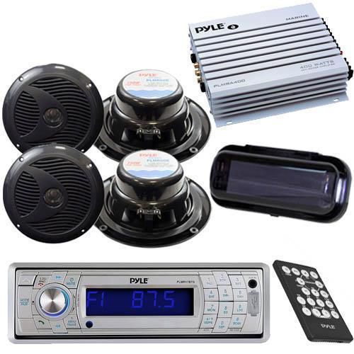 Plmr17bts indash marine mp3 stereo / bluetooth +cover +400w amp 4 round speakers